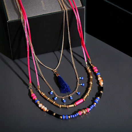 Woven Bead Multilayer Tassel Choker Necklace Jewelry