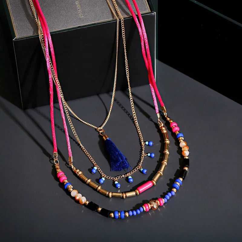 Woven Bead Multilayer Tassel Choker Necklace Jewelry
