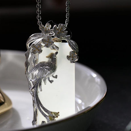Silver-Inlaid Natural Hetian Jade Phoenix Clavicle Necklace, Ethnic Wedding Talisman