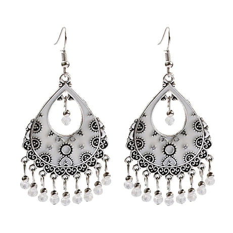 خمر الخرز الأحمر شرابة أقراط الزفاف الهندي Jhumka العتيقة بوهو الفضة اللون زهرة منحوتة إسقاط أقراط Brincos مجوهرات