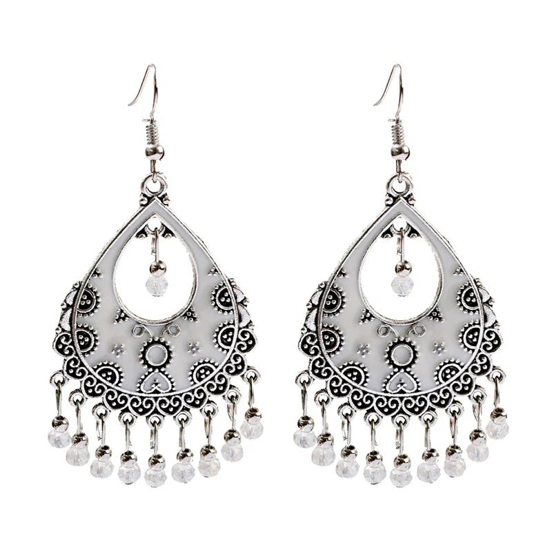 خمر الخرز الأحمر شرابة أقراط الزفاف الهندي Jhumka العتيقة بوهو الفضة اللون زهرة منحوتة إسقاط أقراط Brincos مجوهرات