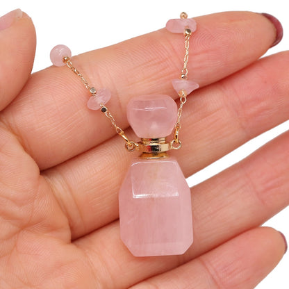 Natural Stone Perfume Bottle Necklace Pink Quartz Pendant Charms For Elegant Women Love Romantic Gift 60 CM