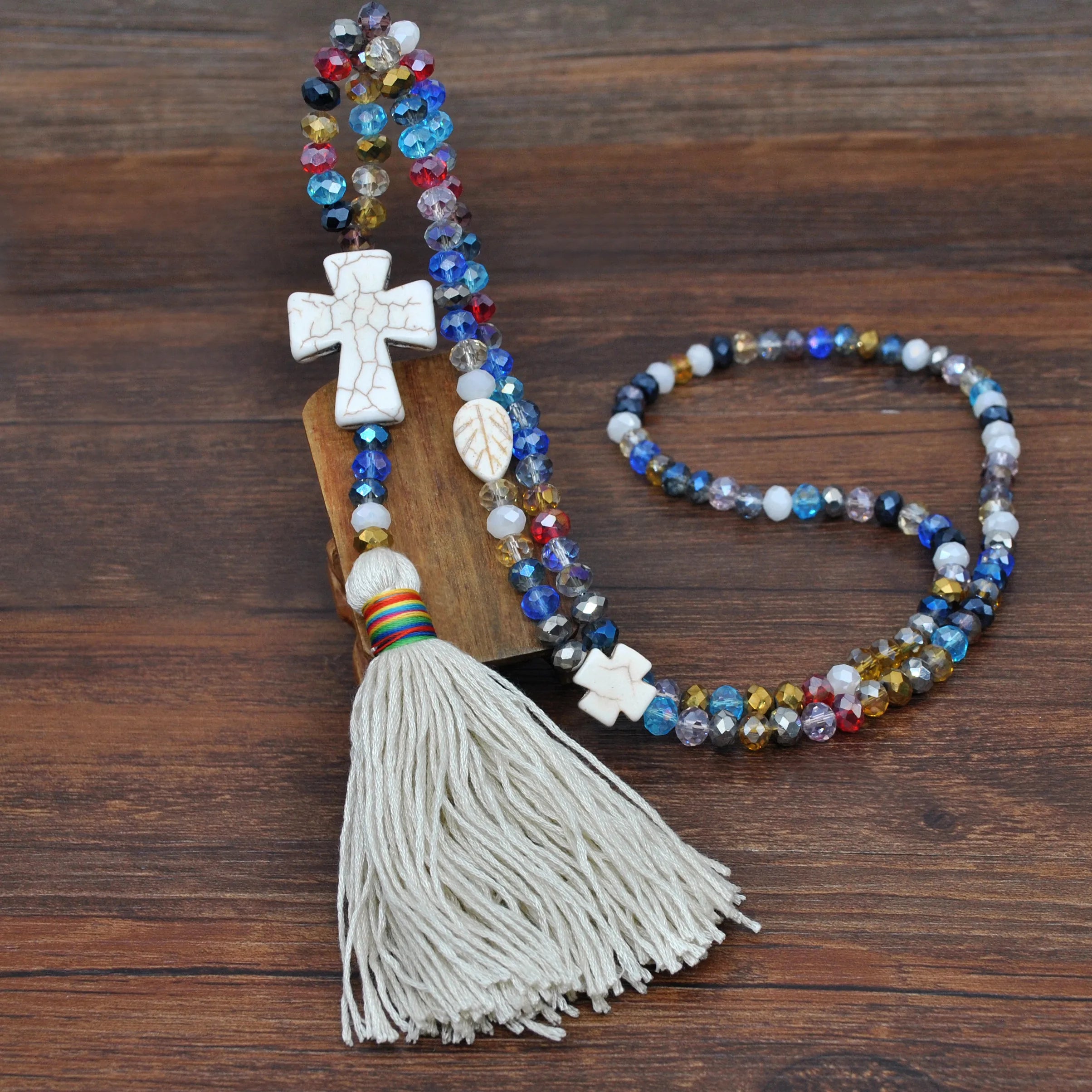 White Stone Crystal Bead Long Tassel Necklace Jewelry
