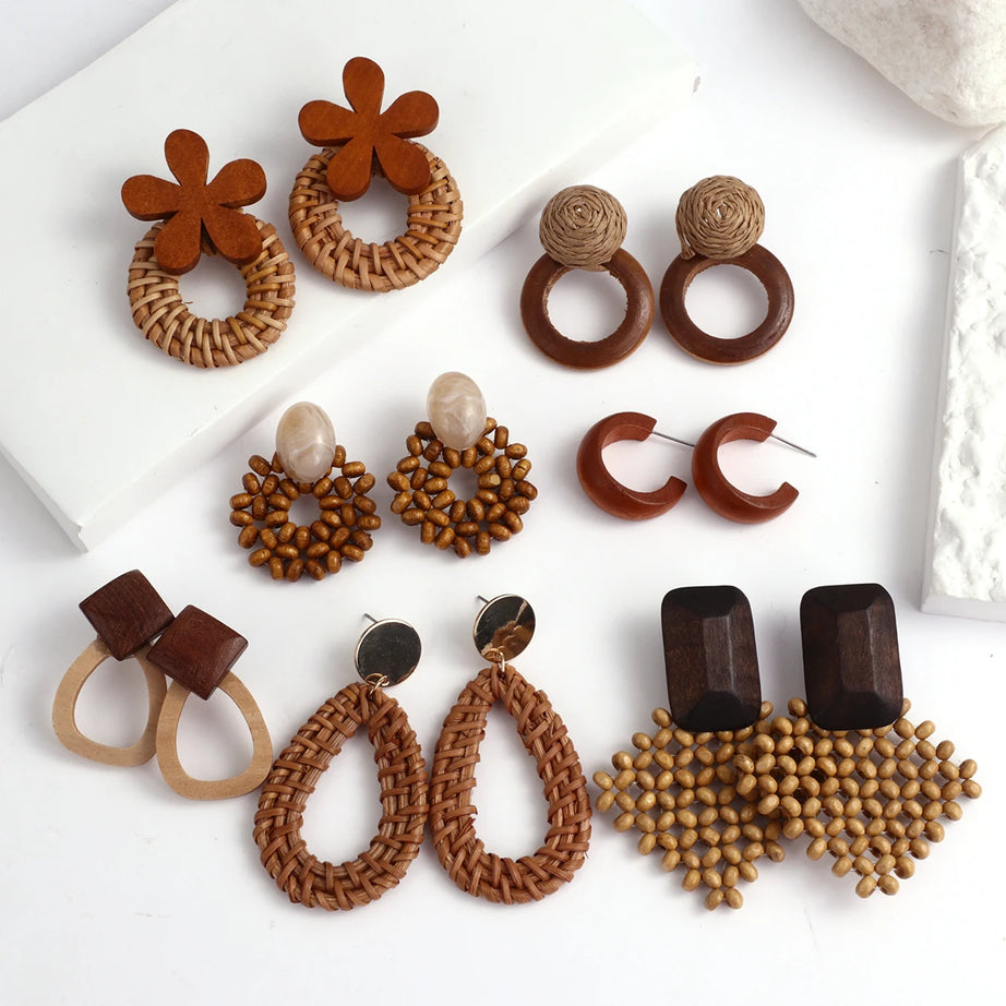 Wooden Rattan Braid Geometric Drop Earrings Jewelry