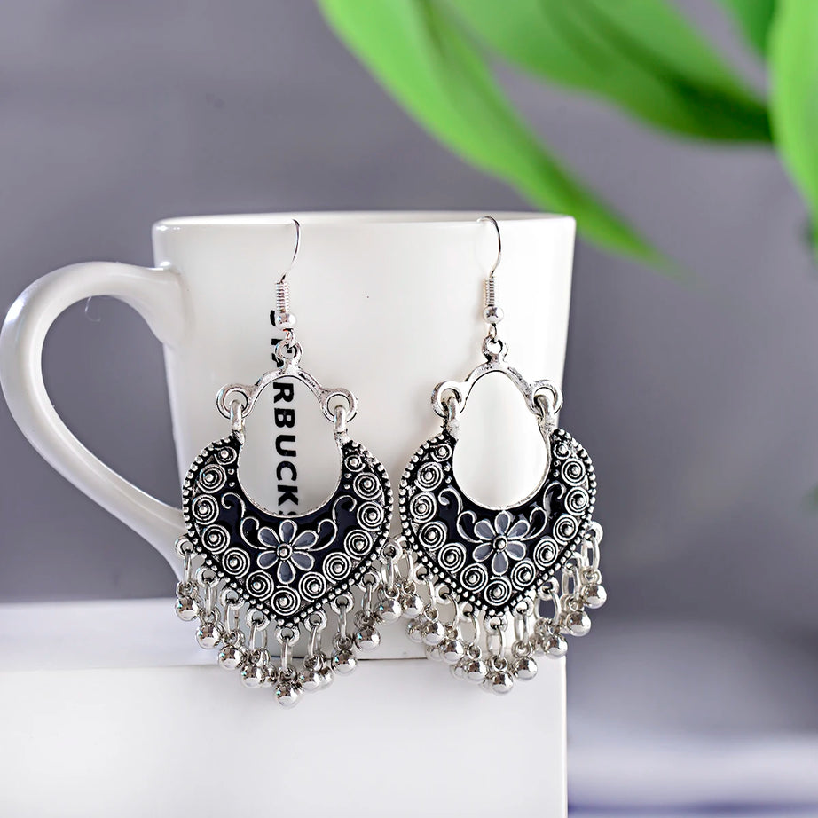 خمر الخرز الأحمر شرابة أقراط الزفاف الهندي Jhumka العتيقة بوهو الفضة اللون زهرة منحوتة إسقاط أقراط Brincos مجوهرات