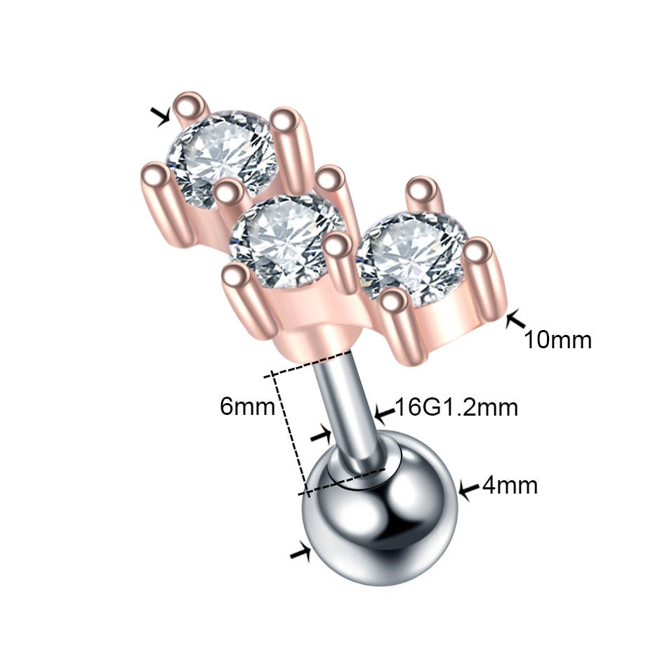 1PC Steel CZ Cartilage Stud Helix Earring Piercings Crystal Rook Tragus Conch Earring Stud Piercings Sexy Women Jewelry 16G - Charlie Dolly