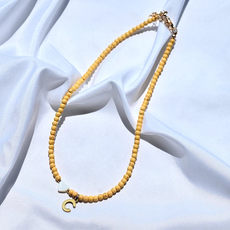 Colorful Beads Initial Choker for Women Stainless Steel Letter Pendant Necklace Fashion Shell Heart Jewelry Boho Accessories