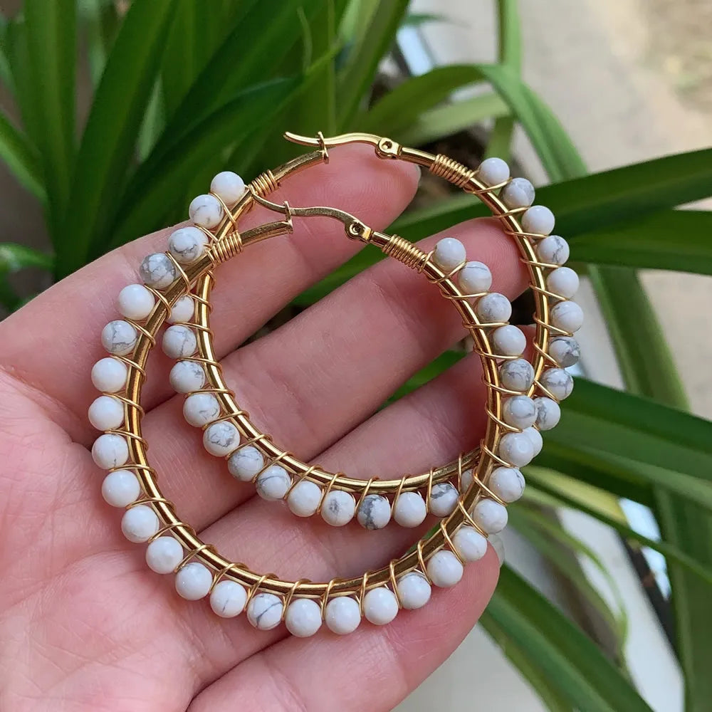 50mm Large Natural Stone Earrings for Women Ear Ring Agates Crystal Gold Plated Stainless Steel Circle Hoop Earring Boho Jewelry