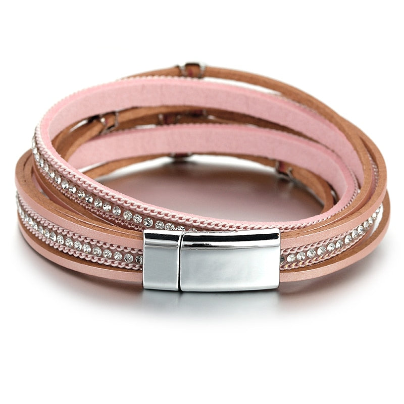 ALLYES Leaf Charm Pink Leather Bracelets for Women 2023 Fashion Crystal Chain Boho Multilayer Wrap Bracelet Femme Jewelry