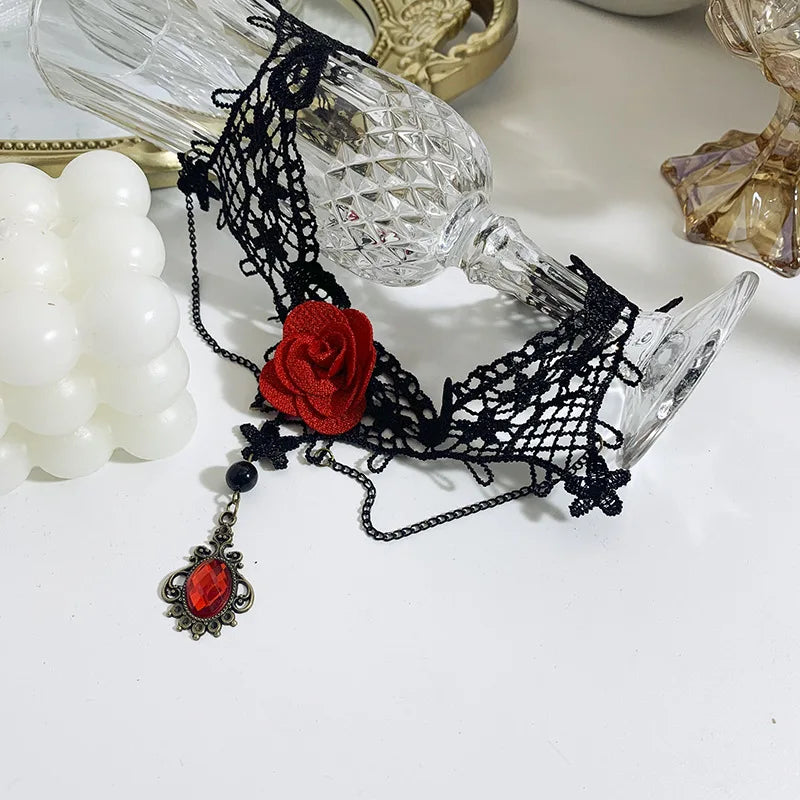Party Jewelry Gothic Black Beaded Flowers Sexy Lace Neck Choker Necklace Vintage Tassel Chain Women Steampunk Halloween Jewelry - Charlie Dolly