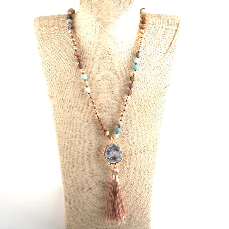 Knotted Natural Stone Long Tassel Necklace Jewelry