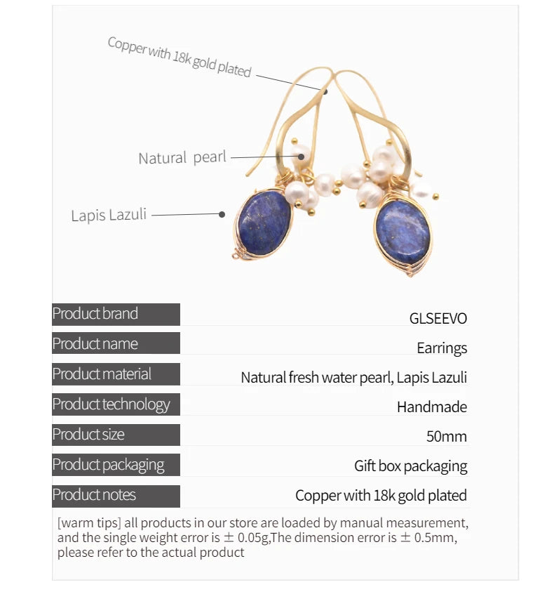 GLSEEVO Natural lapis lazuli Pearl Temperament Drop Earrings Women Girls Party Gift Original Design Luxury Jewellery Gift GE0988