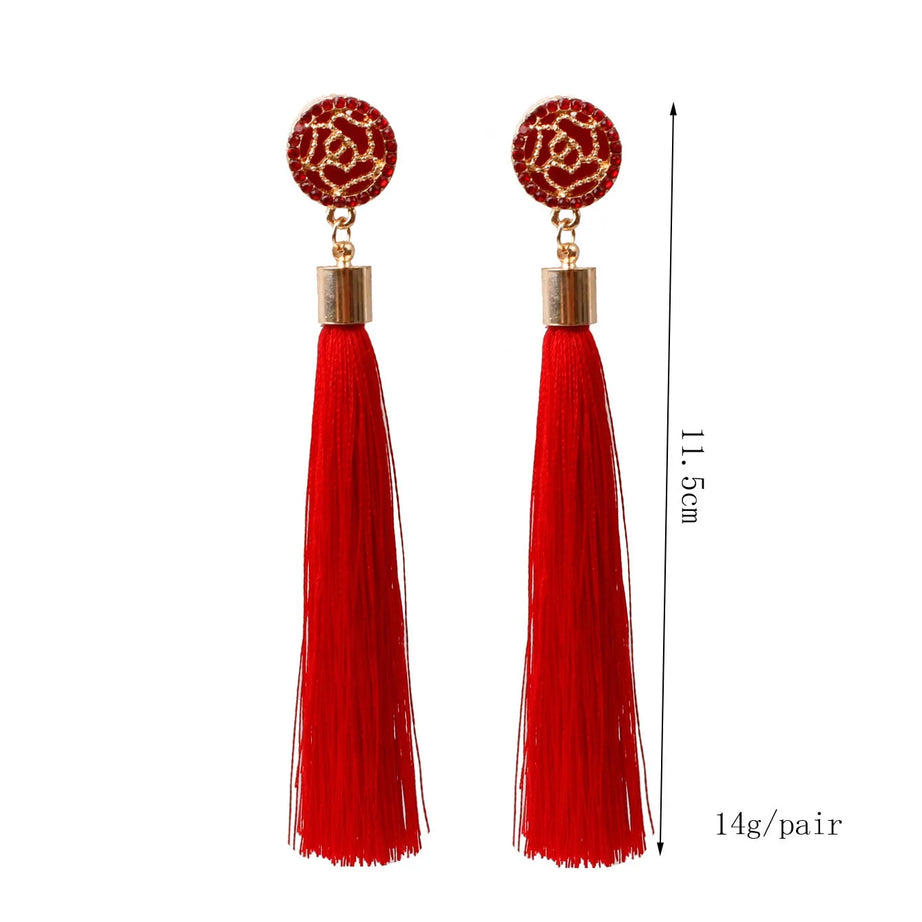 Silk Rose Flower Crystal Long Tassel Earrings Jewelry
