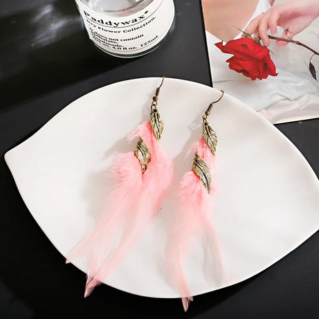 Gold Feather Leaf Long Boho Earrings Jewelry