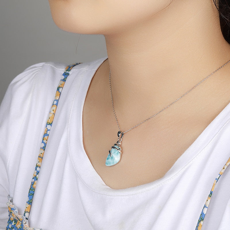 Shell Design 925 Sterling Silver Jewelry Gifts Classic Retro Precious Natural Larimar Pendant Necklace - Charlie Dolly