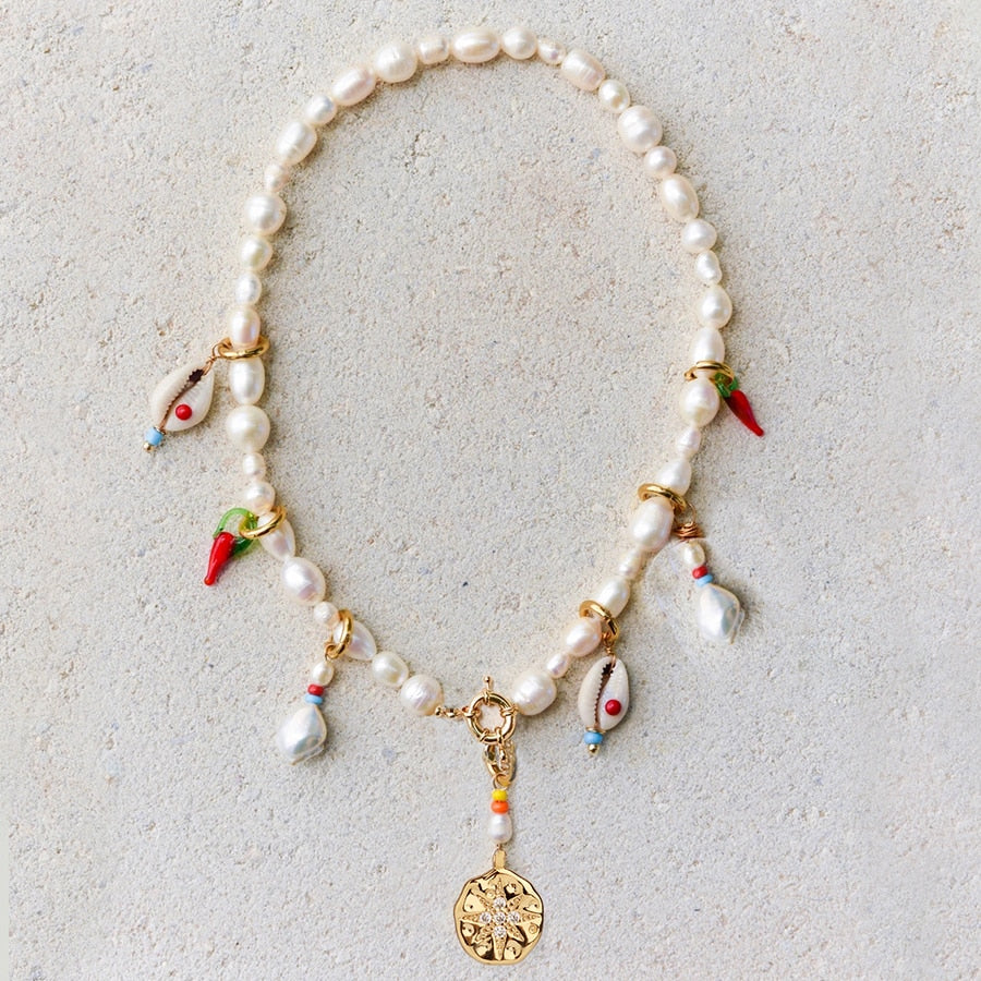 puka shell charms red chili charms smile pendant natural freshwater pearl necklaces for women 2020 bohemian DIY jewelry - Charlie Dolly