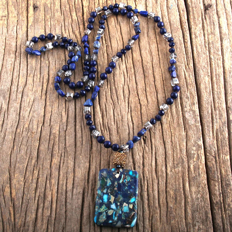 Fashion Bohemian Jewelry  Random Shape Natural Stones Crystal Knotte With Semi Precious Pendant Necklaces For Boho  Necklace