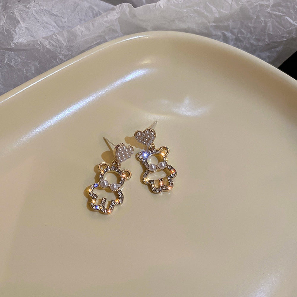 Pearl Rhinestone Bear Love Earrings Female Exquisite Small Earrings Korea Simple Cute Earrings Female Party Beautiful Jewelry - Charlie Dolly