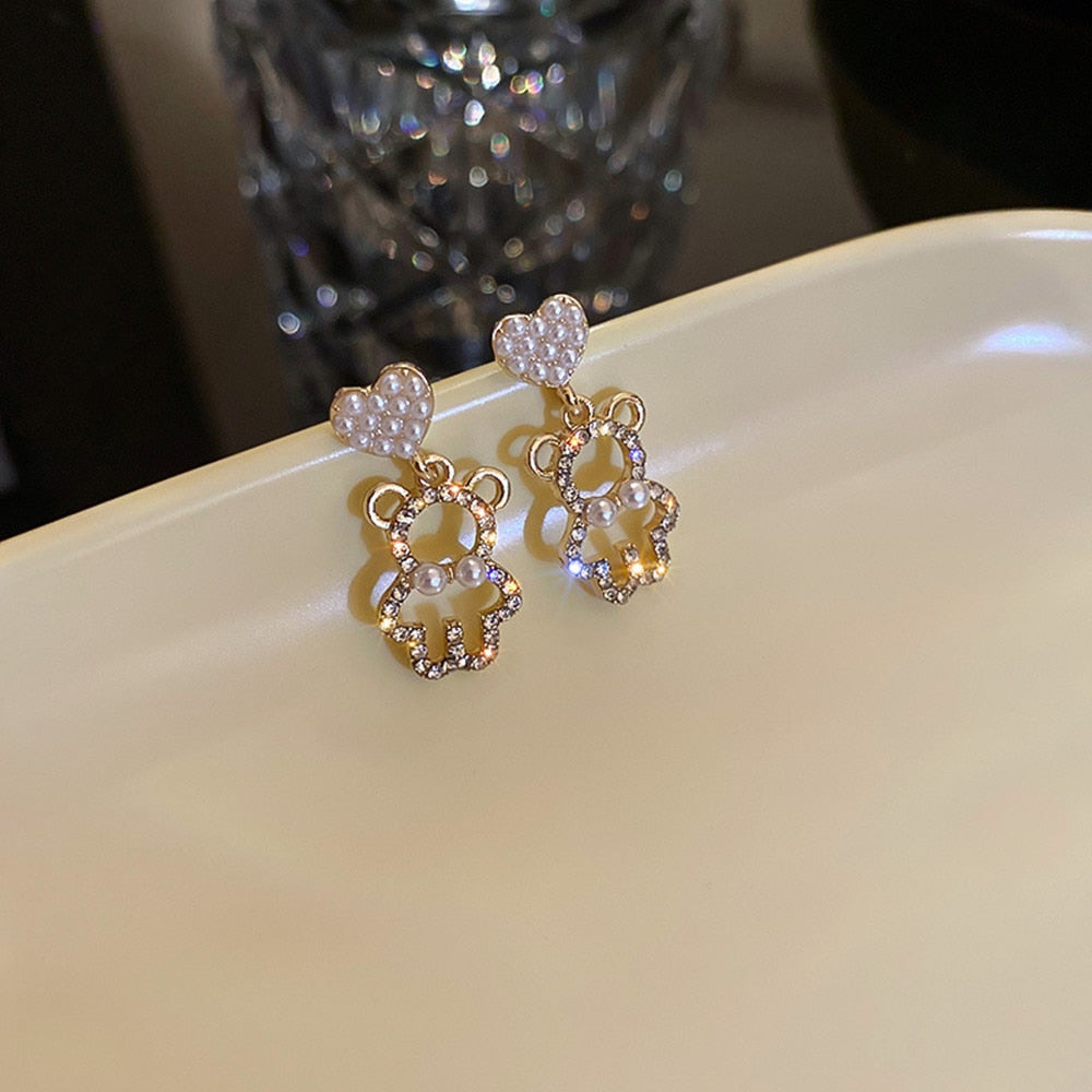 Pearl Rhinestone Bear Love Earrings Female Exquisite Small Earrings Korea Simple Cute Earrings Female Party Beautiful Jewelry - Charlie Dolly
