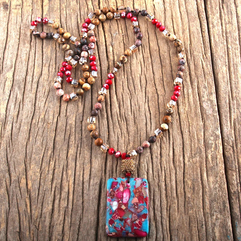 Fashion Bohemian Jewelry  Random Shape Natural Stones Crystal Knotte With Semi Precious Pendant Necklaces For Boho  Necklace