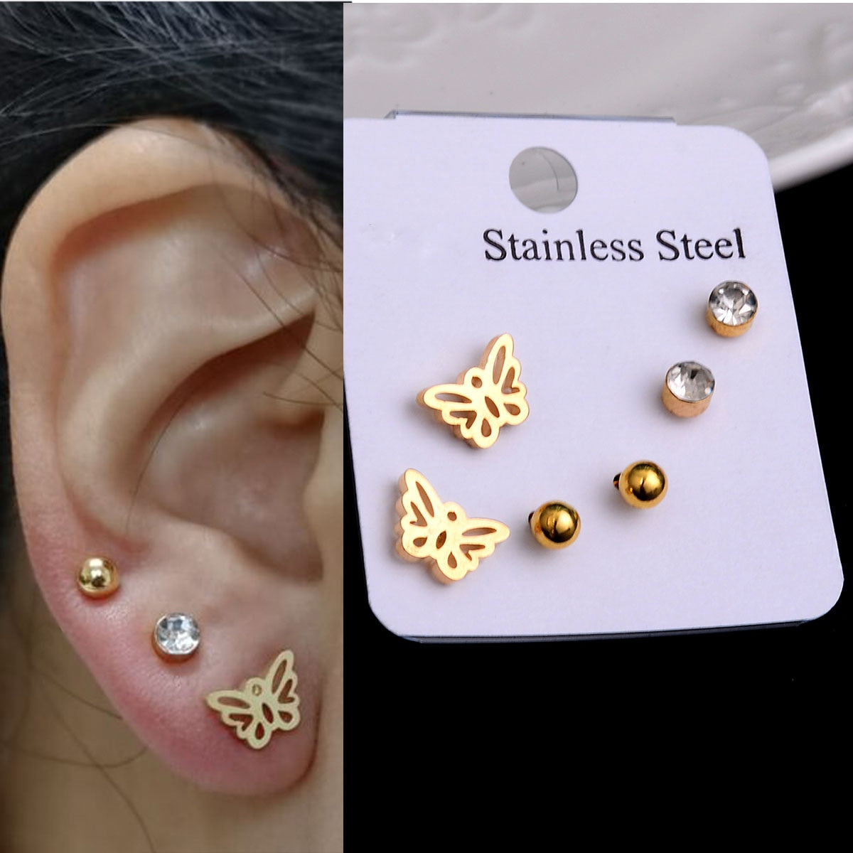 Stainless Steel Earrings Small Cute Butterfly Star Moon Heart Stud Earrings Set Punk Piercing Earing Women's Minimalist Jewelry - Charlie Dolly