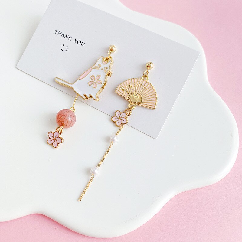 Asymmetrical Imitation Pearls  Pink Skura Flower Earrings Fan Funny Cute Cat Clip on Earrings Without No Piercing for Women Girl - Charlie Dolly