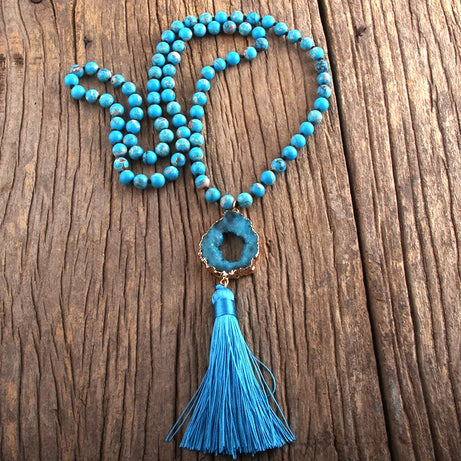 Knotted Druzy Stone Tassel Necklace Jewelry