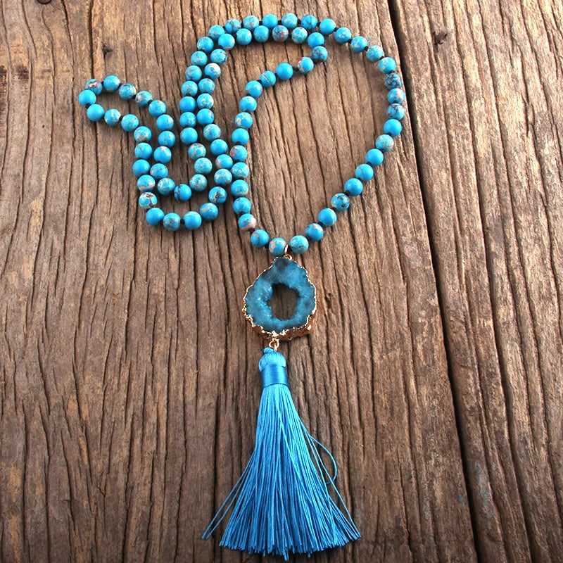 Knotted Druzy Stone Tassel Necklace Jewelry