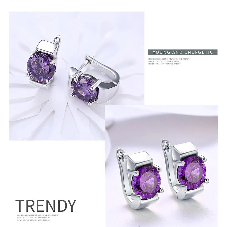 925 Silver Amethyst Hoop Earrings, Colorful Gemstone Wedding Jewelry