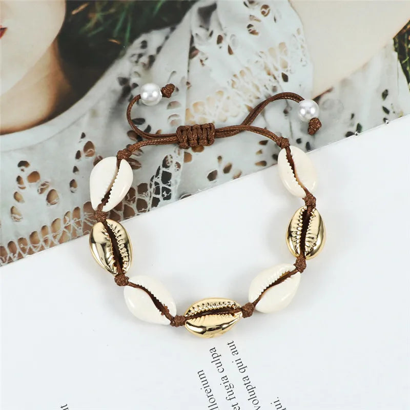 Vintage Boho Shell Bracelet Handmade Rope Chain Natural Shell Cowrie Charm Strand Bracelet Women Femme Ankle Jewelry Party Gifts