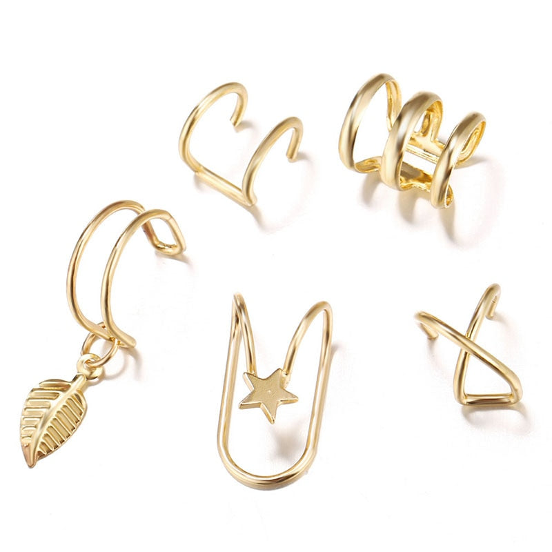 5Pcs/Set 2021 Fashion Ear Cuffs Gold Leaf Ear Cuff Clip Earrings for women Climbers No Piercing Fake Cartilage Earring - Charlie Dolly