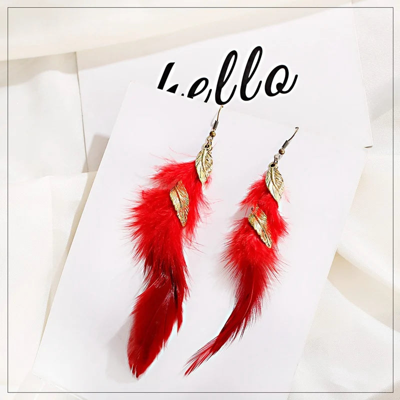 Summer Boho Feather Earrings For Women Kolczyki 2022 Gold Color Leaf Pendant Blue Pink Long Earrings Brinco Feminino