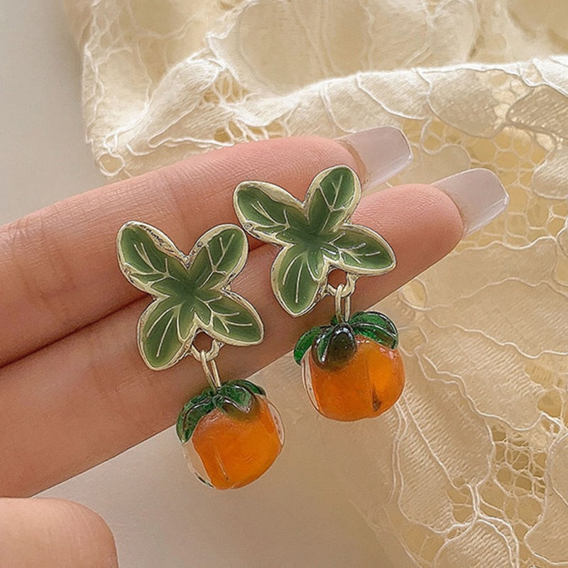 Creative Persimmon Orange Color Flower Leaf Stud Earrings For Women Painting Oil Glazed Glass Earrings Jewelry Accessories - Charlie Dolly