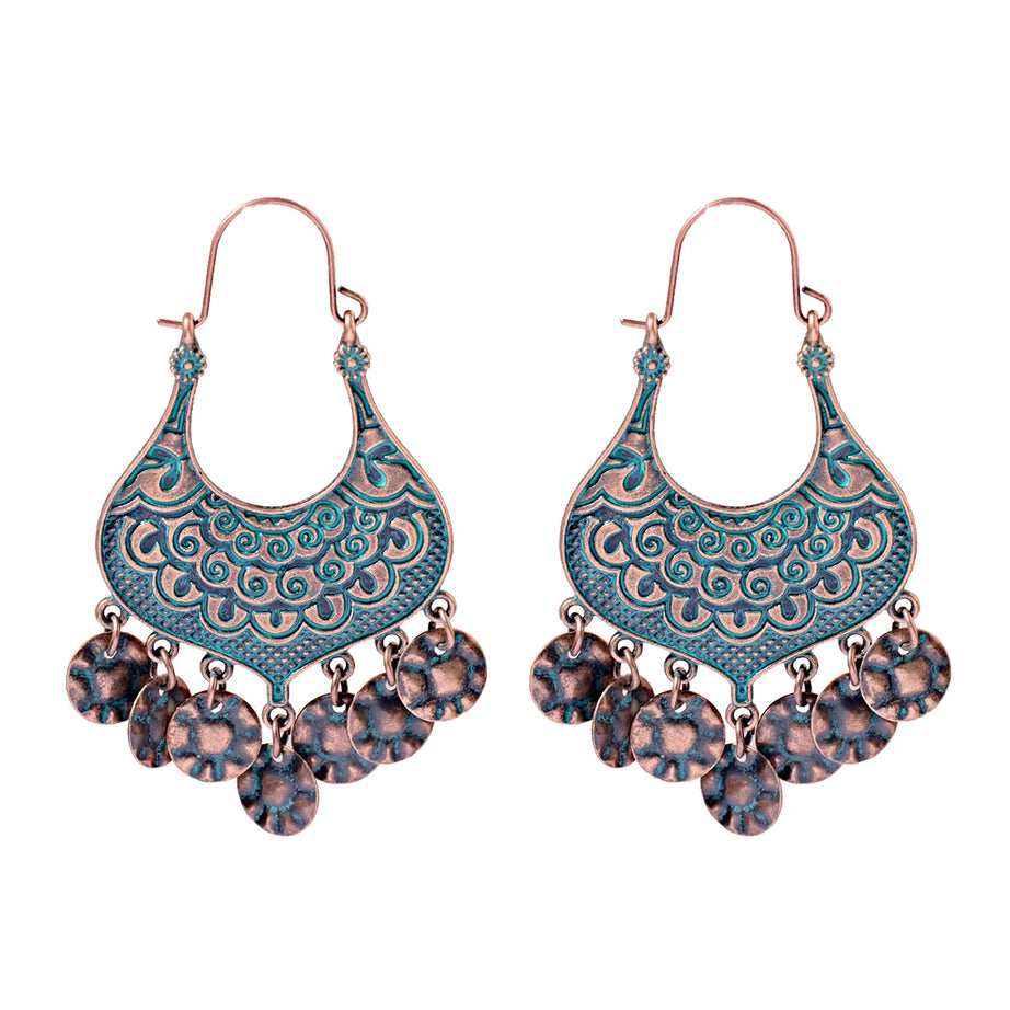 أقراط متدلية مصنوعة من سبائك البرونز العتيق للنساء أقراط Jhumka الهندية ذات سلسلة طويلة بوهو تريبل