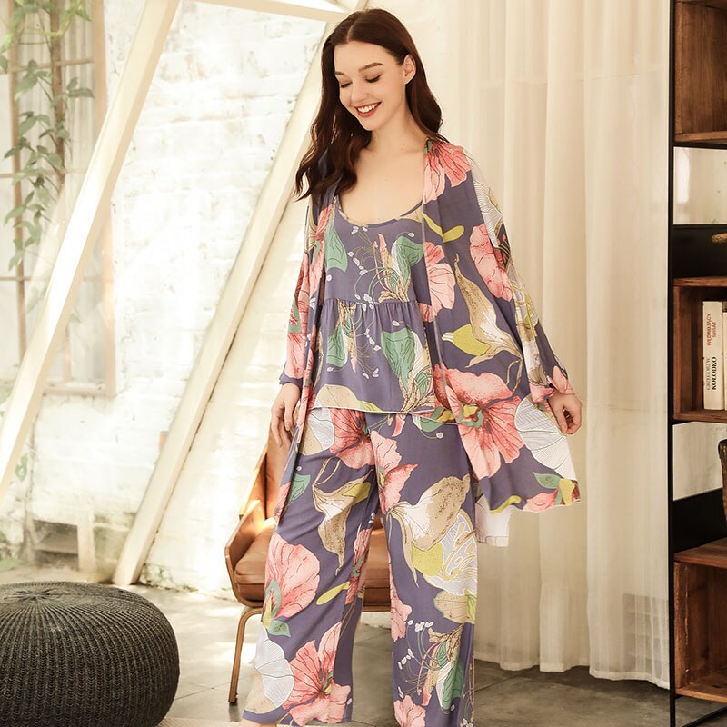 HOT SELLING 3Pcs Soft Pajama Set For SPRING & FALL Ladies Sleepwear Floral Printed  Pink Leaves Cardigan+Camisole+Pants Homewear