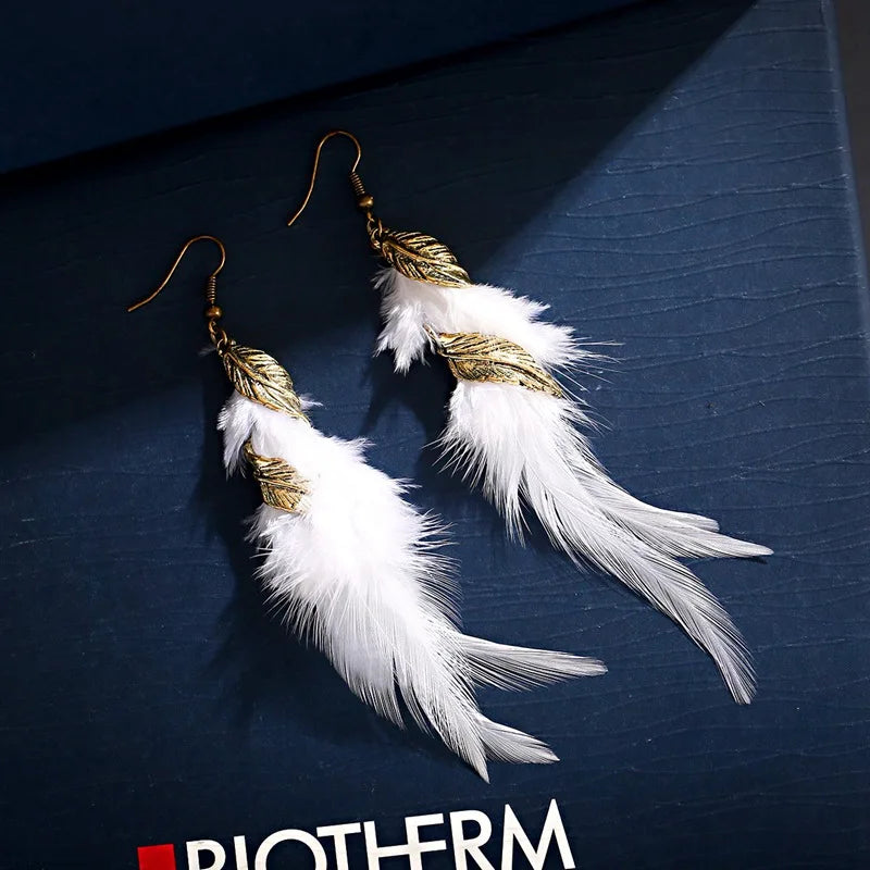 Summer Boho Feather Earrings For Women Kolczyki 2022 Gold Color Leaf Pendant Blue Pink Long Earrings Brinco Feminino