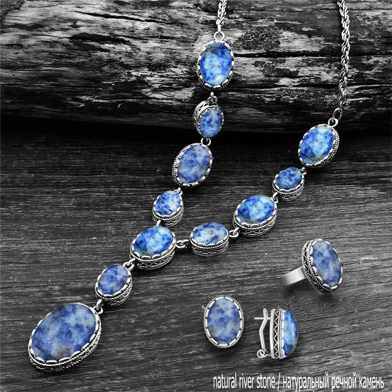 Vintage Natural Lapis Lazuli Necklace Ring Stud Earring Jewelry Sets Antique Silver Plated Quartz Unakite Stone Quartz Set