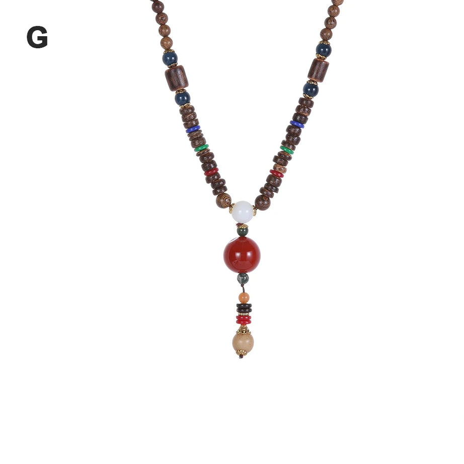 Nepal Wood Bead Pendant Long Necklace Jewelry