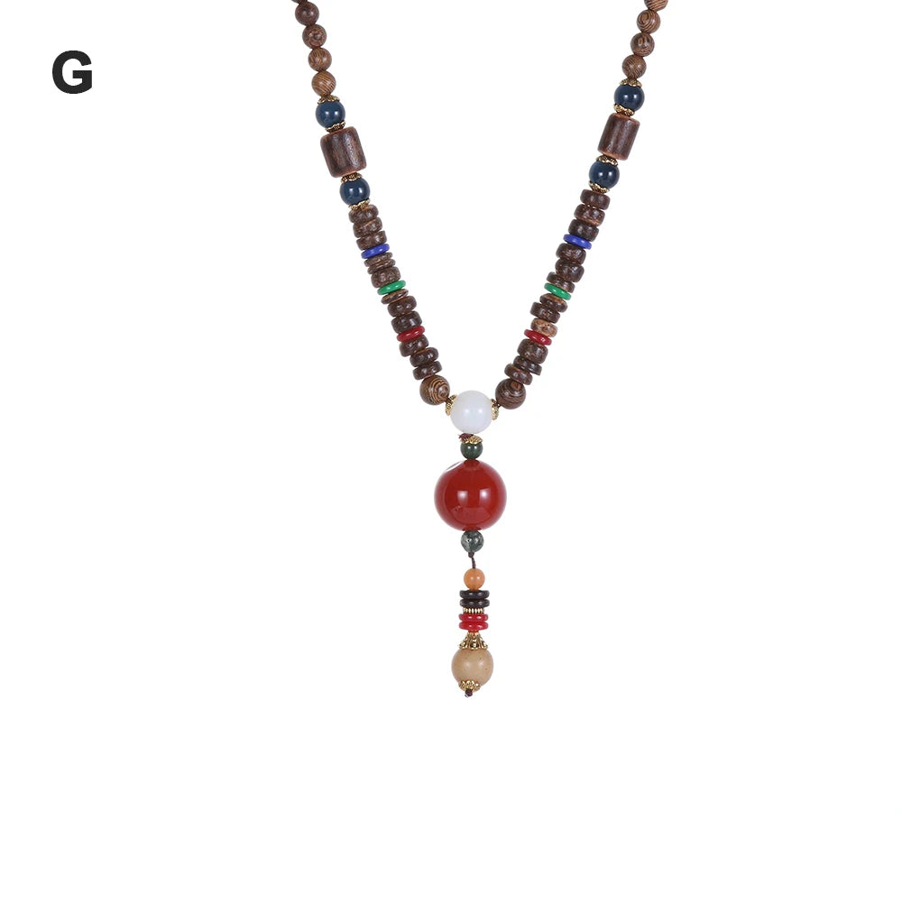 Nepal Wood Bead Pendant Long Necklace Jewelry