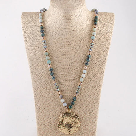 RH Fashion Bohemian Jewelry Natural Stones With Glass Links Crystal Round Pendant Necklaces For Women Boho Gift - Charlie Dolly