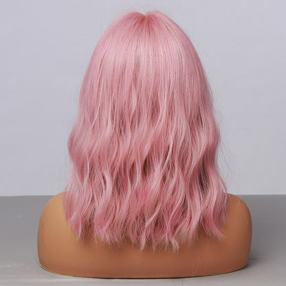 Medium Length Water Wave Synthetic Wigs Cute Pink Wigs With Bangs for Women Cosplay Natural Heat Resistant Bob Lolita Hair