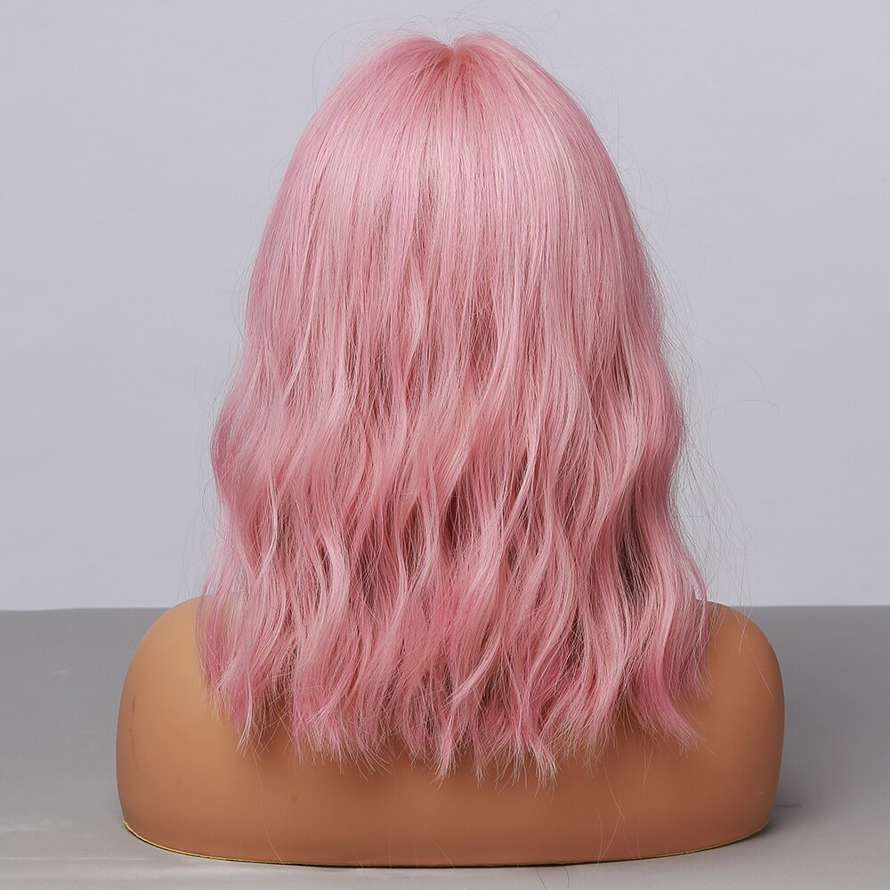Medium Length Water Wave Synthetic Wigs Cute Pink Wigs With Bangs for Women Cosplay Natural Heat Resistant Bob Lolita Hair - Charlie Dolly
