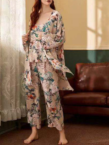 HOT SELLING 3Pcs Soft Pajama Set For SPRING & FALL Ladies Sleepwear Floral Printed  Pink Leaves Cardigan+Camisole+Pants Homewear