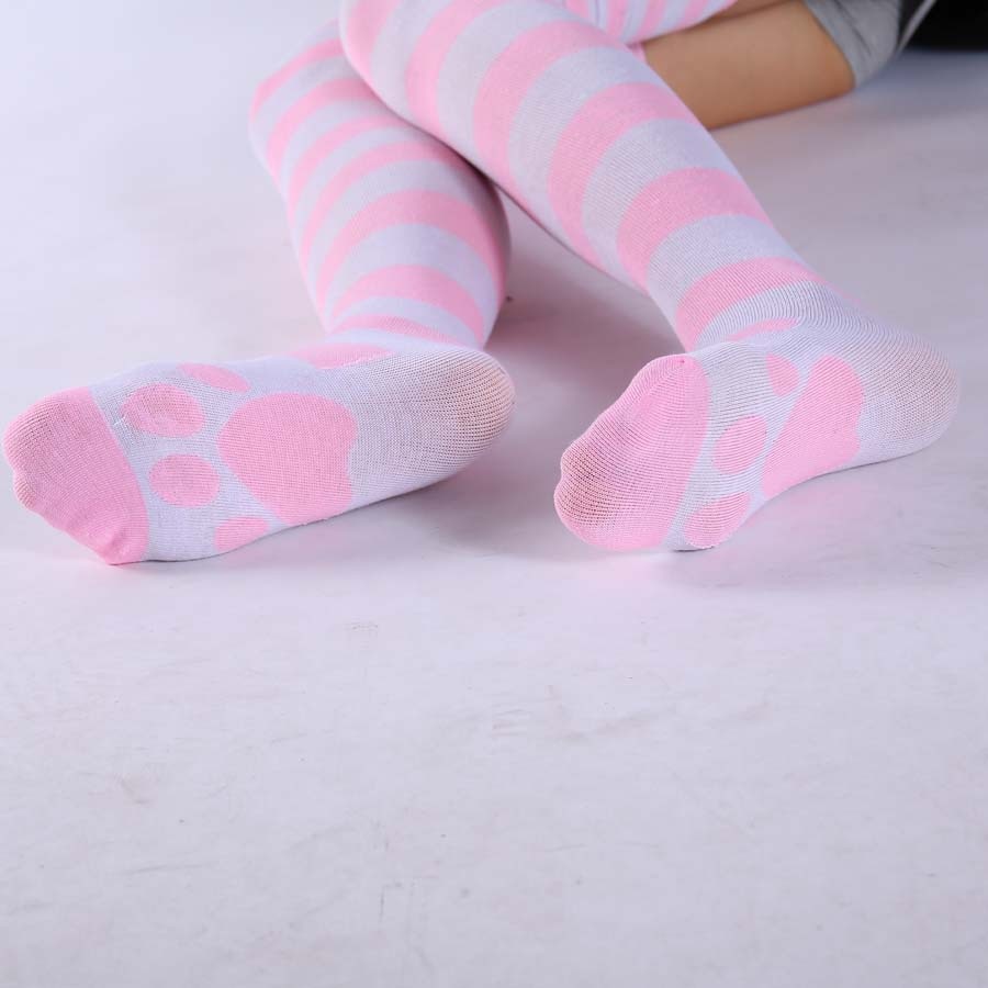Cosplay Over Knee Socks Pink Strip Kawaii Cat Paw Print Stockings Lolita Gothic Velvet Overknee Thigh High Long Stockings - Charlie Dolly