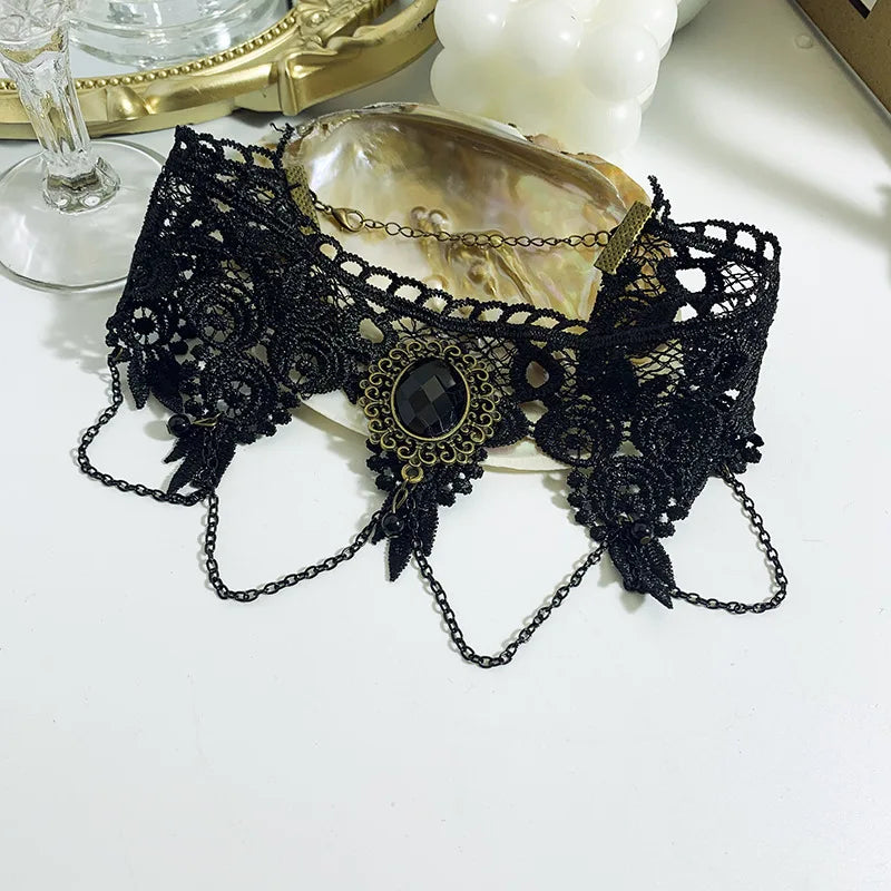 Party Jewelry Gothic Black Beaded Flowers Sexy Lace Neck Choker Necklace Vintage Tassel Chain Women Steampunk Halloween Jewelry - Charlie Dolly