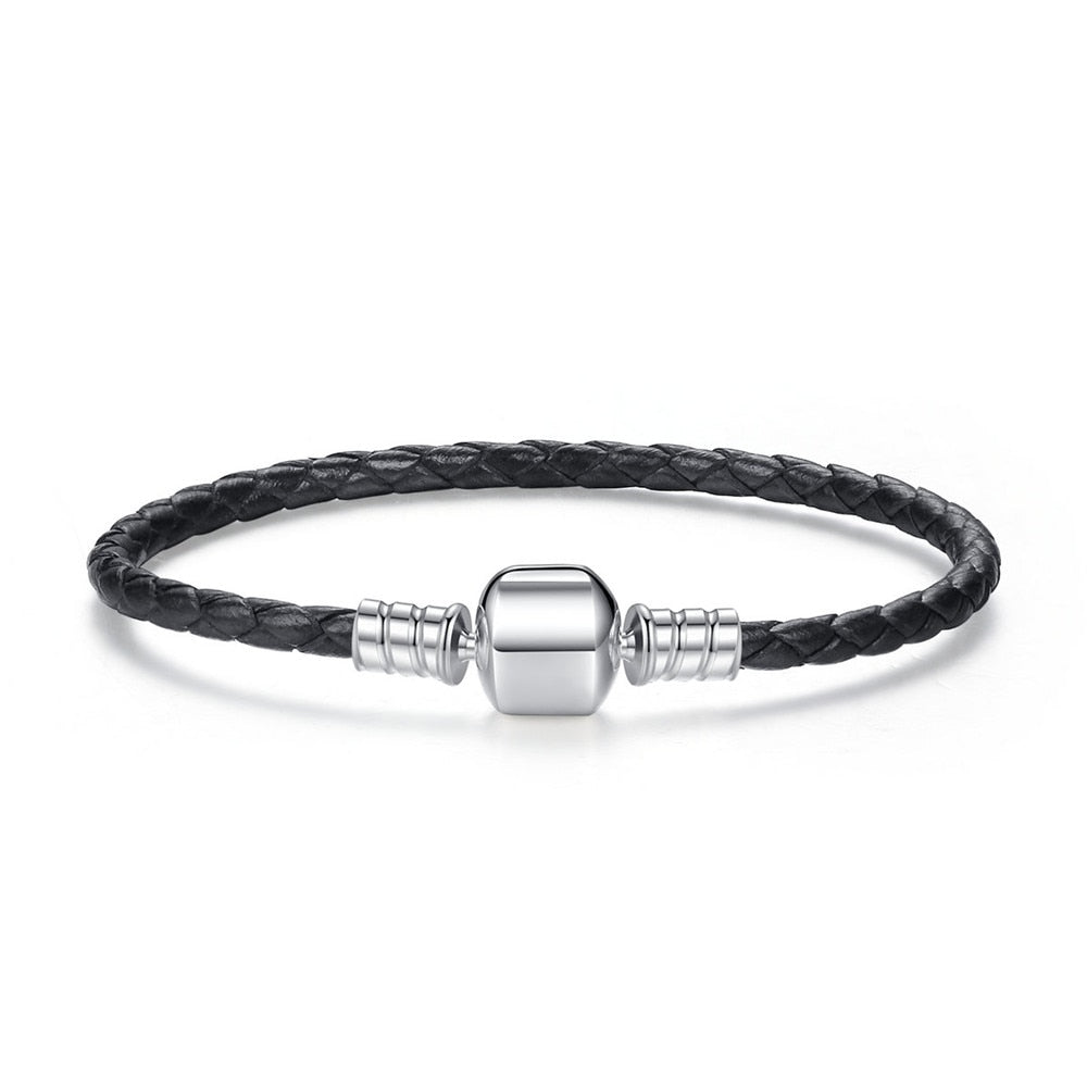 BAMOER Genuine Long Double Pink Black Braided Leather Chain Women Bracelets with 925 Sterling Silver Snake Clasp PAS908 - Charlie Dolly