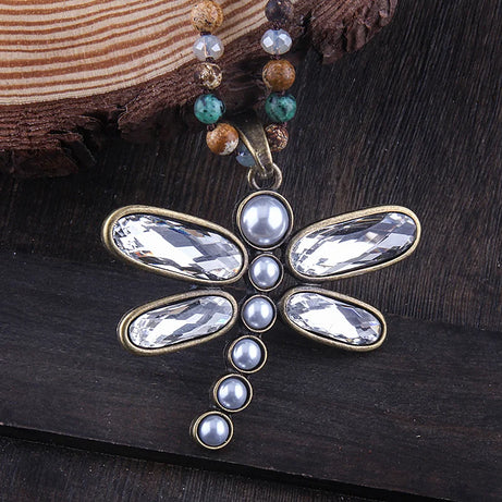 Dragonfly Long Knotted Stone Necklace Jewelry