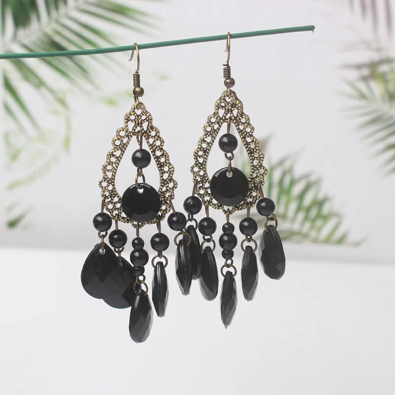 Boho Black Dangle Earrings for Women Long Hanging Earrings Leaf Pendants Pearl Crystal Geometric Earrings pendientes mujer