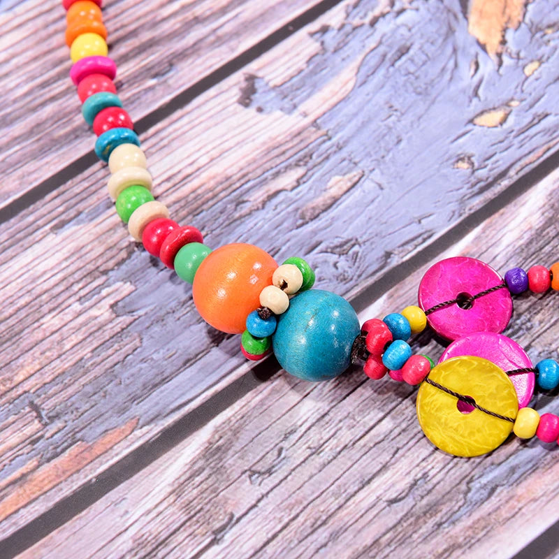 Wood Flower Multilayer Bead Collar Necklace Jewelry