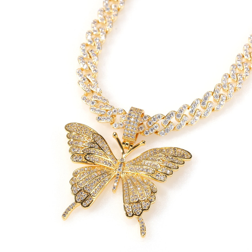 Uwin Iconic Butterfly Pendant 9mm Cuban Chain Cubic Charm Pink Tennis Chain Necklace Men Women Hip Hop Jewelry Gift - Charlie Dolly